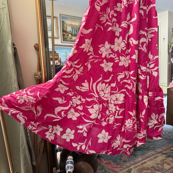 Japna NWT Pink and Cream Botanical Spaghetti Strap Smock Waist Midi Dress - Picture 8 of 8